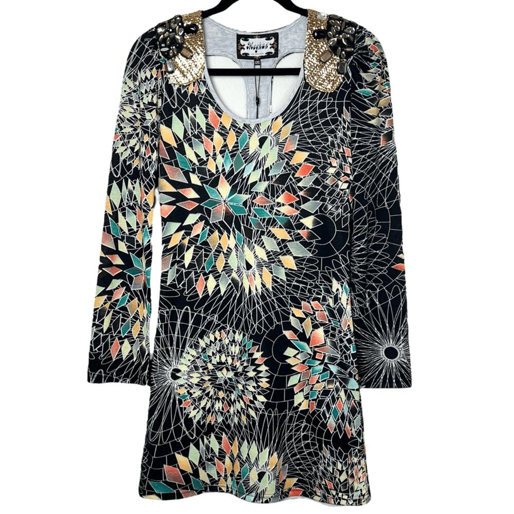 NWT Meghan LA Jeweled Sequined Colorful Mini Shift Dress Long Sleeves Sz XXS